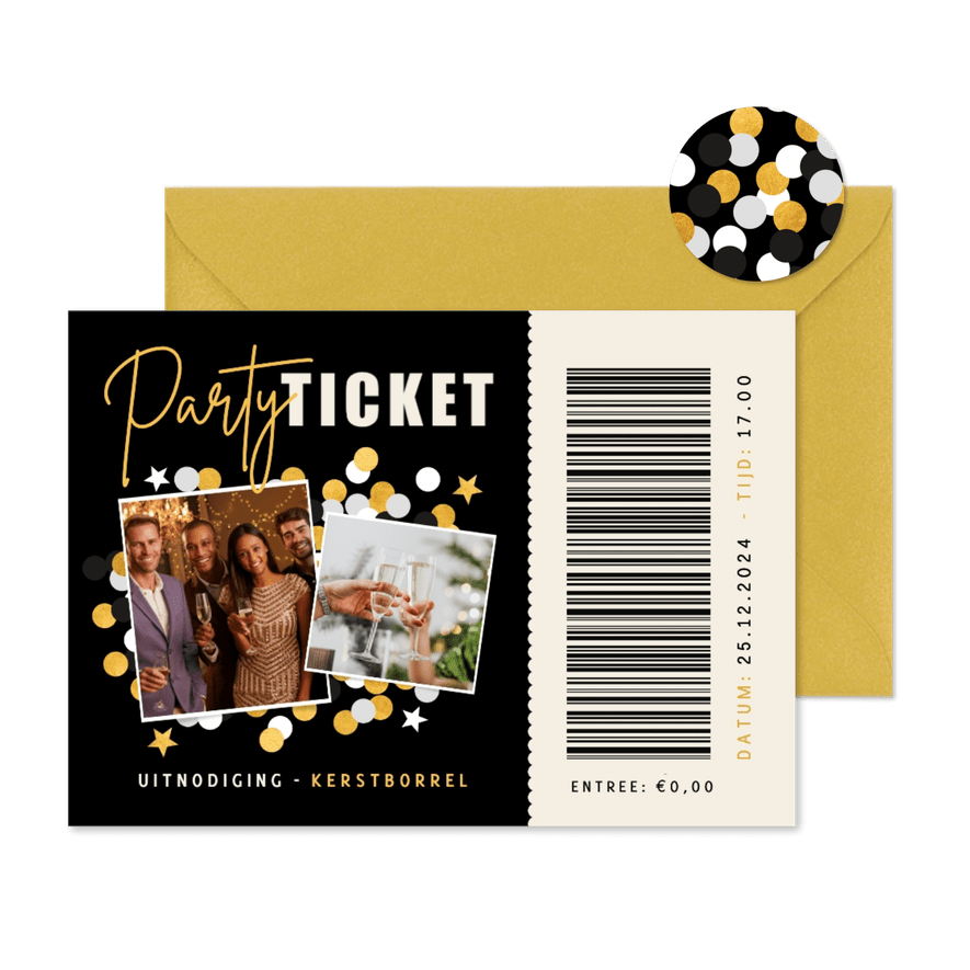 Vrolijke uitnodiging kerstborrel met foto's Party ticket - Kaartimpressie