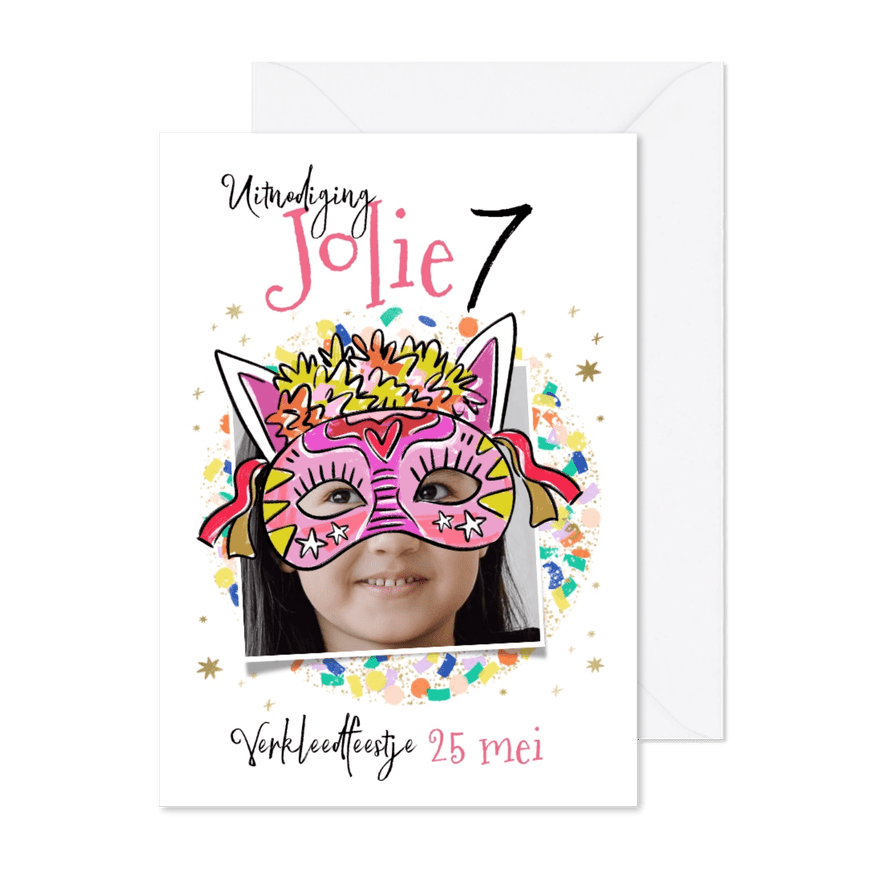 Vrolijke uitnodiging kinderfeest verkleedfeest masker ballon - Kaartimpressie