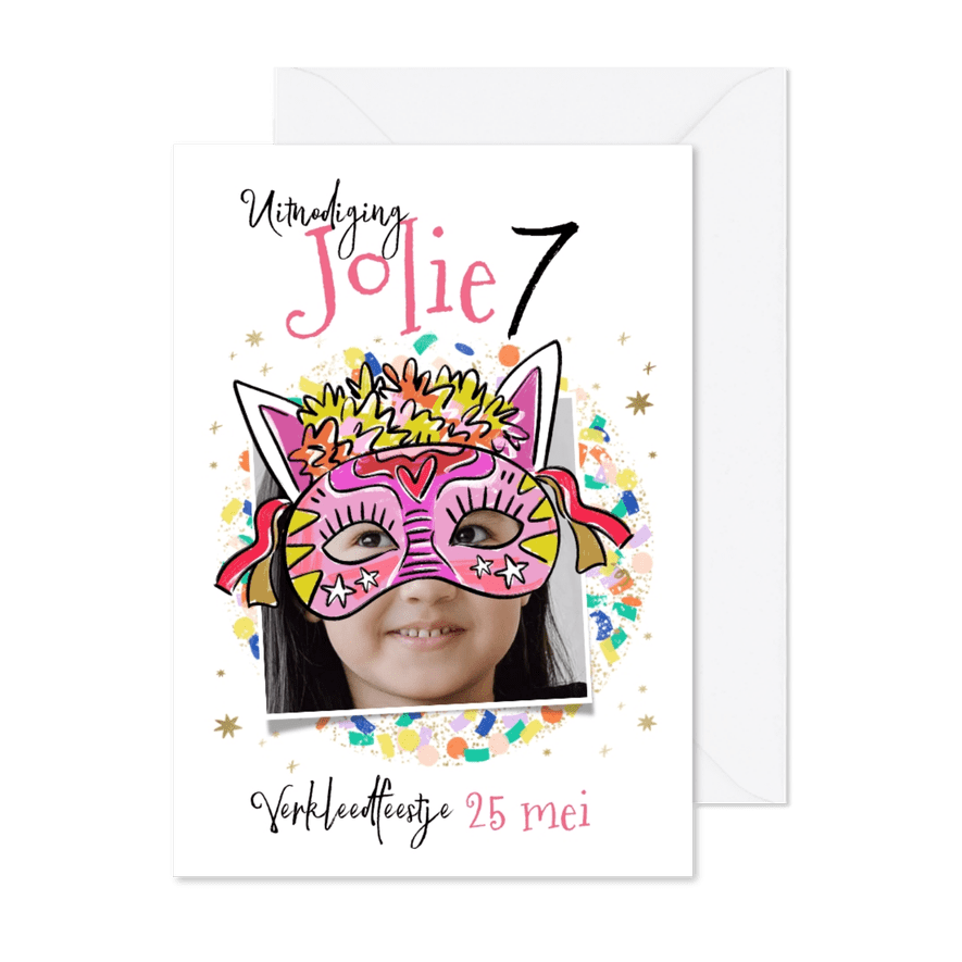 Vrolijke uitnodiging kinderfeest verkleedfeest masker ballon - Kaartimpressie