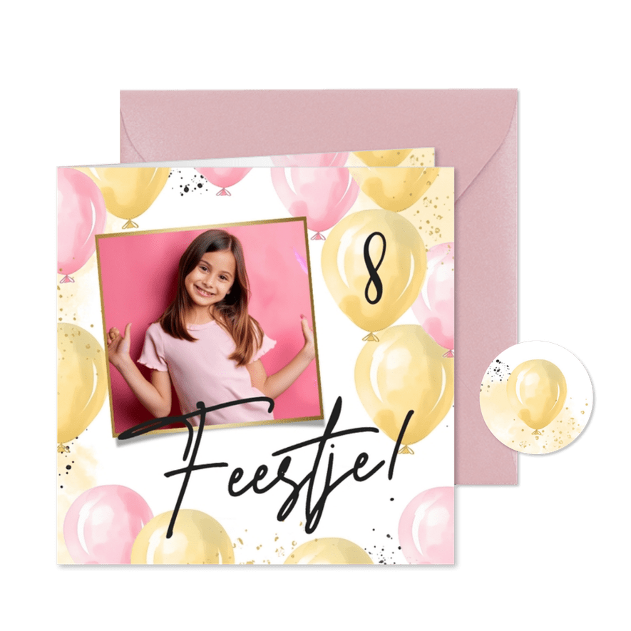 Vrolijke uitnodiging kinderfeestje ballonnen roze goud foto - Kaartimpressie