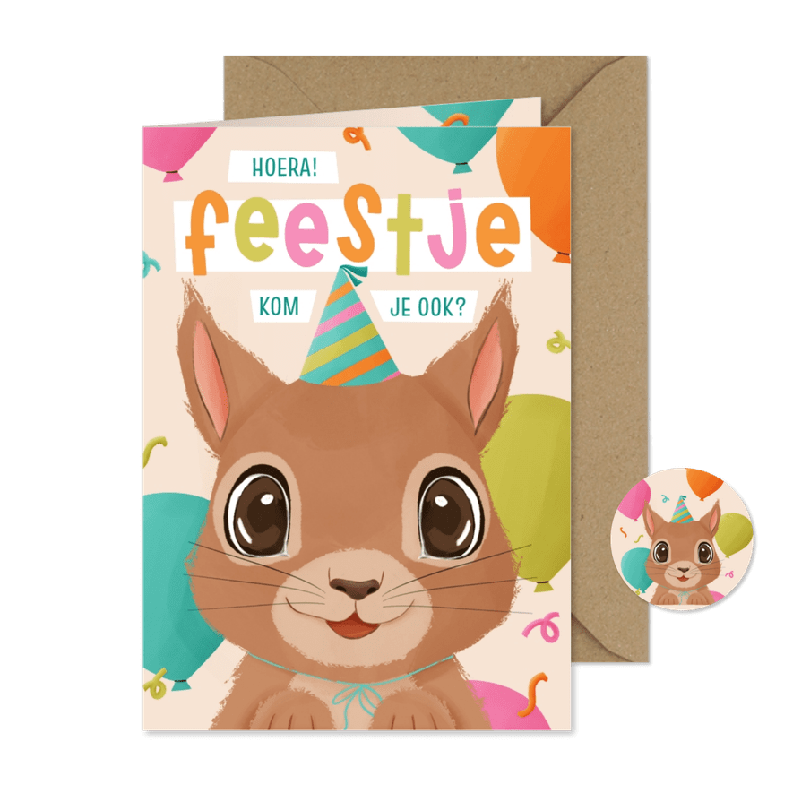 Vrolijke uitnodiging kinderfeestje eekhoorn ballonnen - Kaartimpressie
