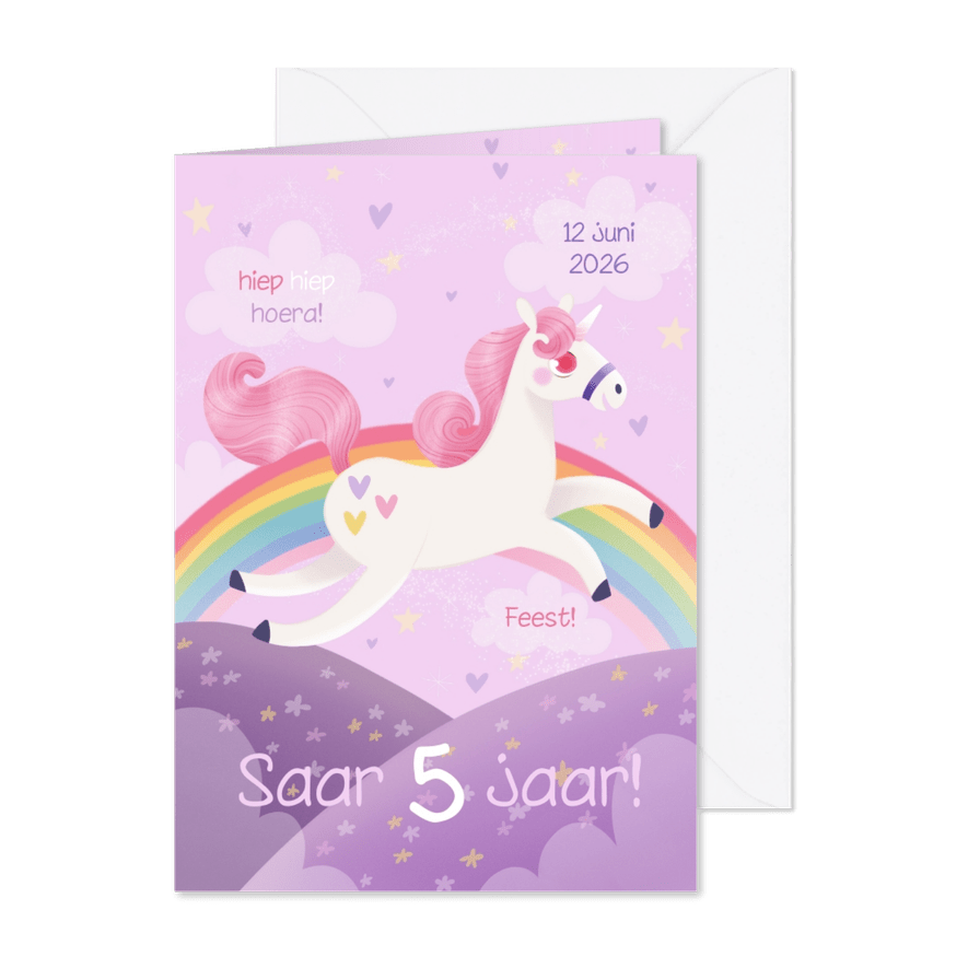 Vrolijke uitnodiging kinderfeestje eenhoorn en regenboog - Kaartimpressie