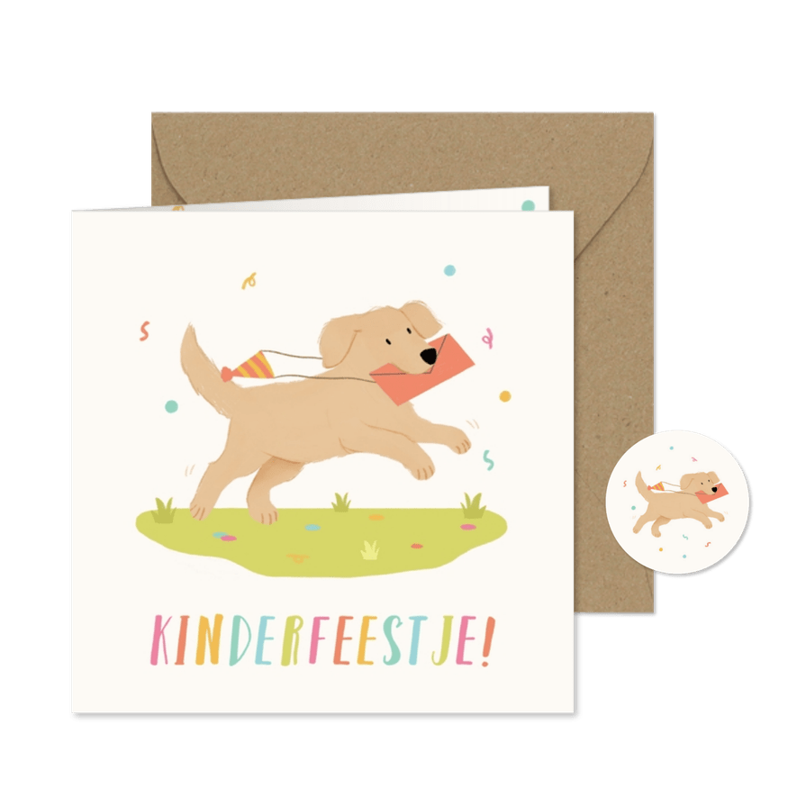 Vrolijke uitnodiging kinderfeestje hondje envelop confetti - Kaartimpressie