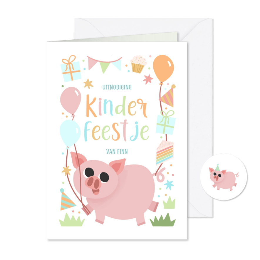 Vrolijke uitnodiging kinderfeestje met feestvarken - Kaartimpressie