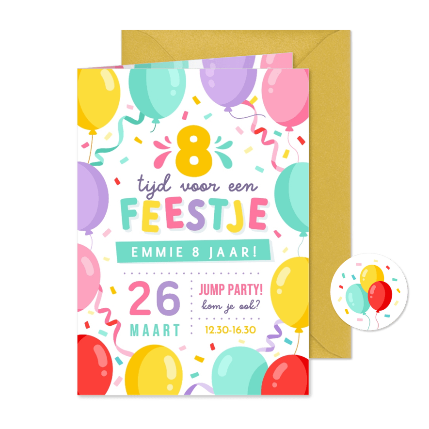 Vrolijke uitnodiging kinderfeestje met gekleurde ballonnen - Kaartimpressie