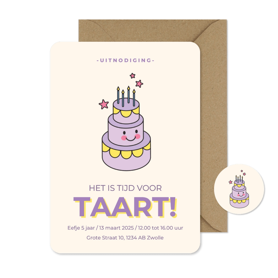 Vrolijke uitnodiging kinderfeestje met lachende taart - Kaartimpressie