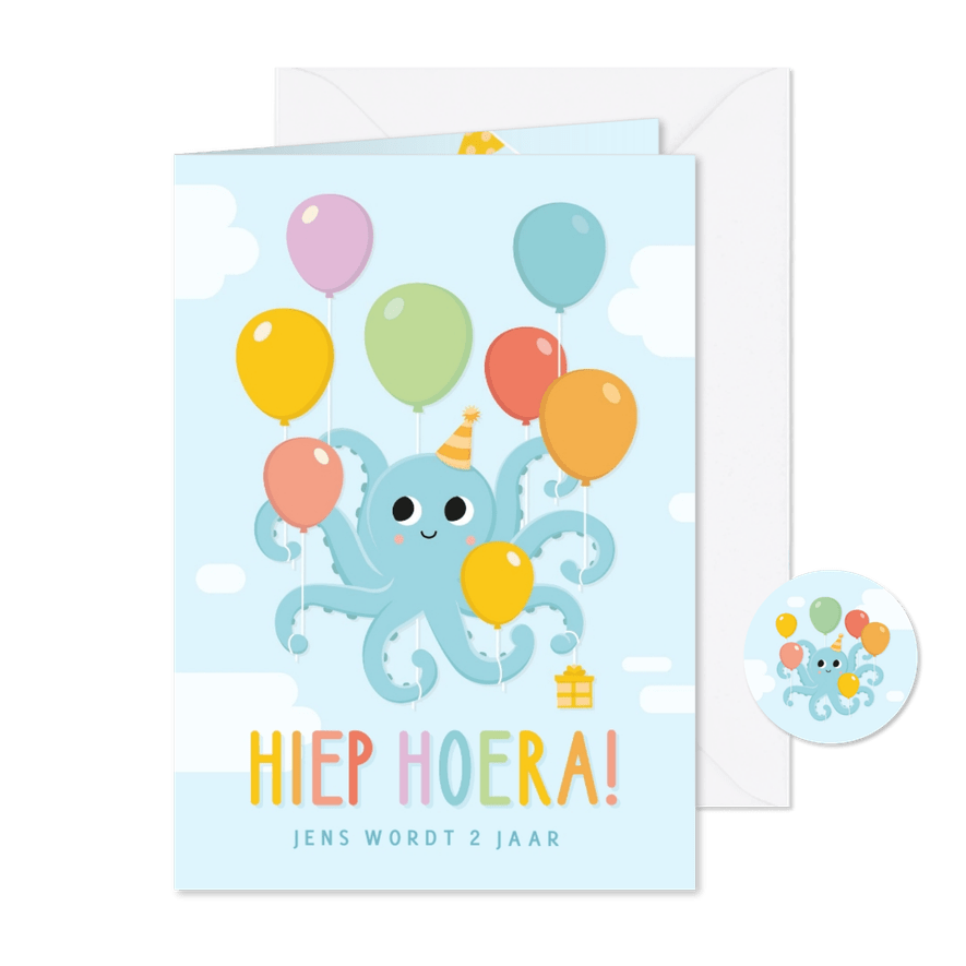 Vrolijke uitnodiging kinderfeestje met octopus met ballonnen - Kaartimpressie