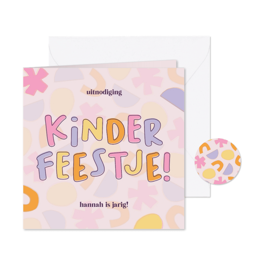 Vrolijke uitnodiging kinderfeestje met speelse letters - Kaartimpressie