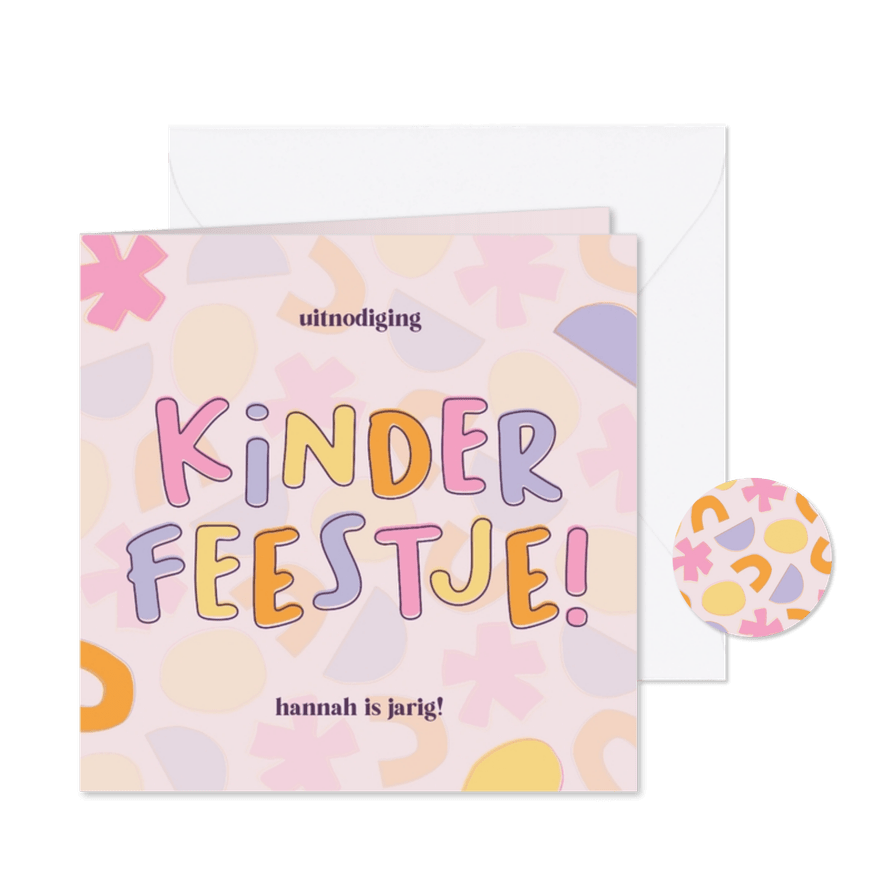 Vrolijke uitnodiging kinderfeestje met speelse letters - Kaartimpressie
