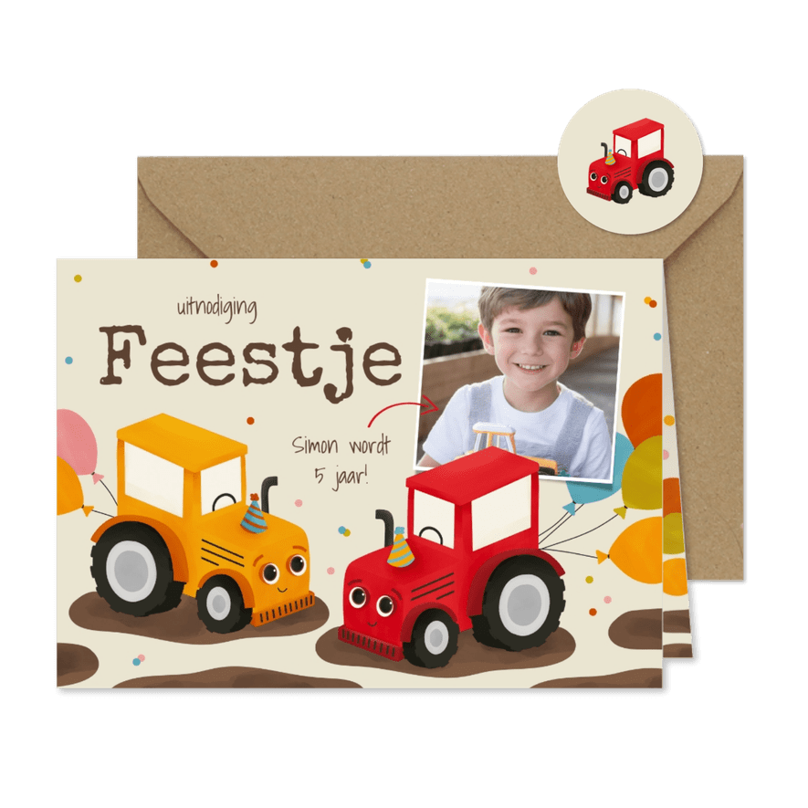Vrolijke uitnodiging kinderfeestje rode en gele tractors - Kaartimpressie