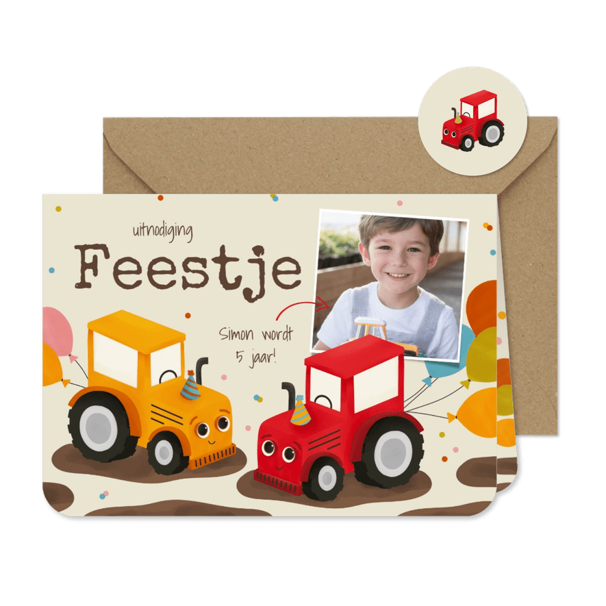 Vrolijke uitnodiging kinderfeestje rode en gele tractors - Kaartimpressie