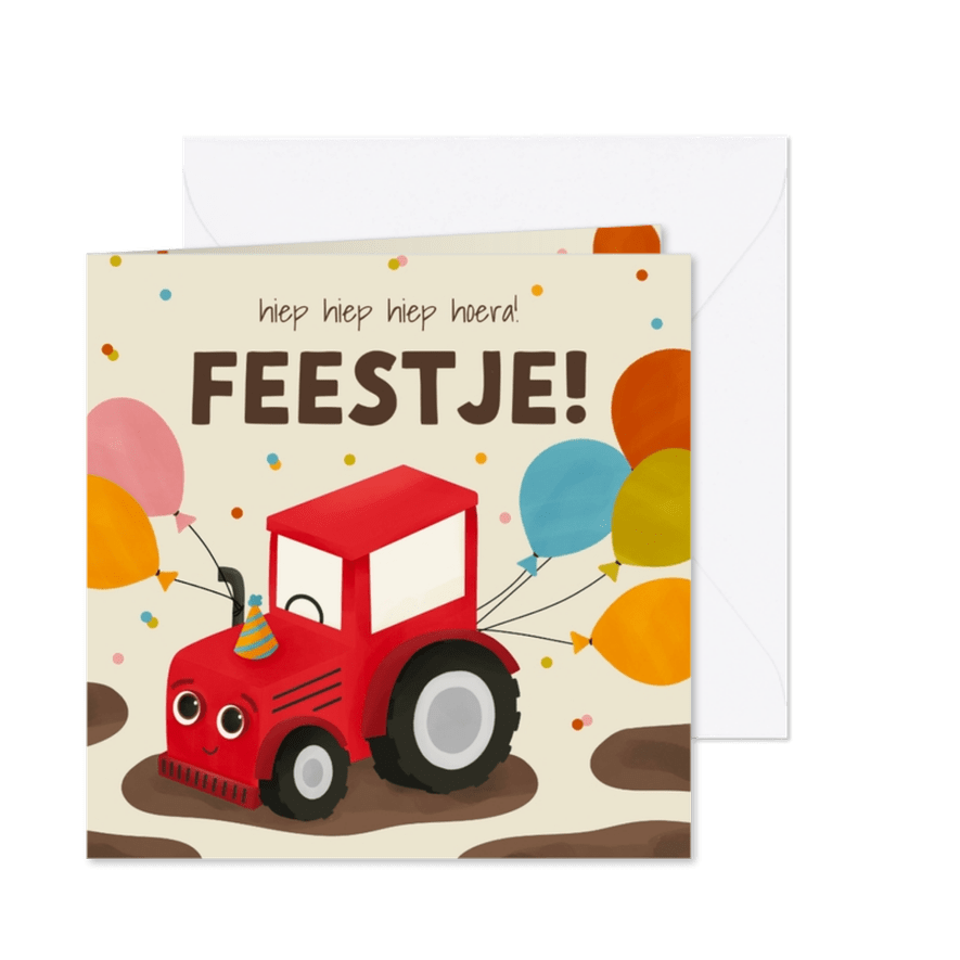 Vrolijke uitnodiging kinderfeestje tractor ballonnen - Kaartimpressie