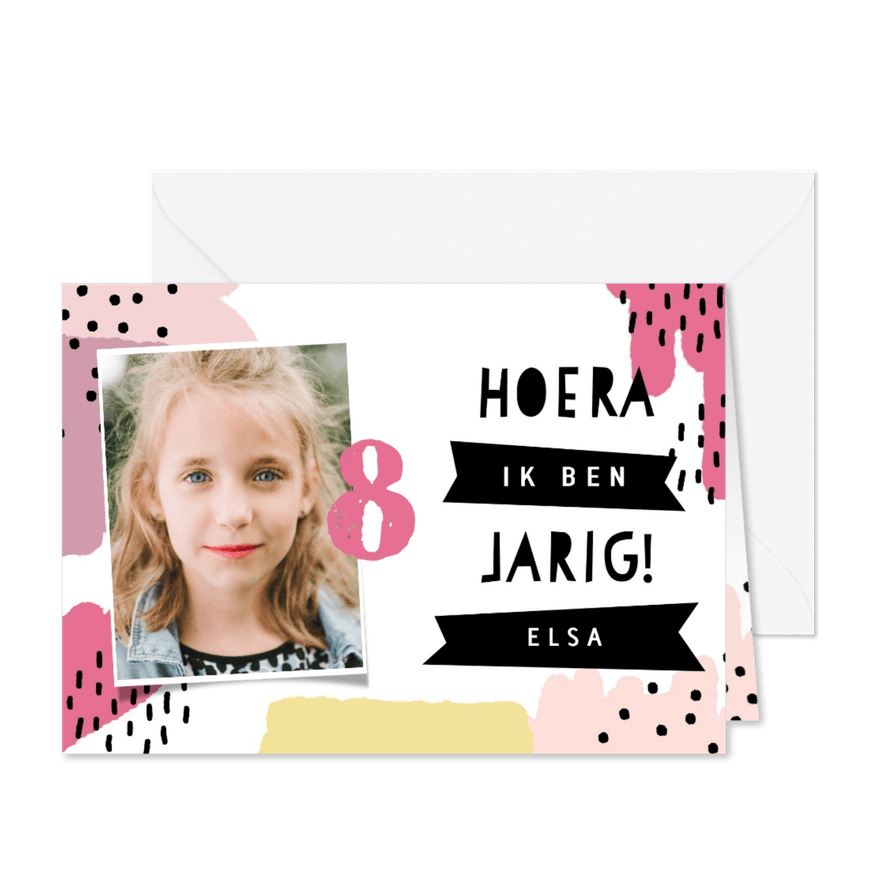 Vrolijke uitnodiging kinderfeestje verfstrepen en stipjes - Kaartimpressie