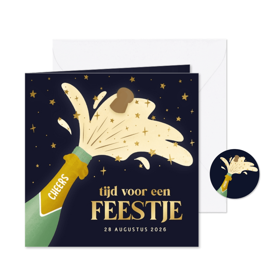 Vrolijke uitnodiging met knallende champagnefles - Kaartimpressie