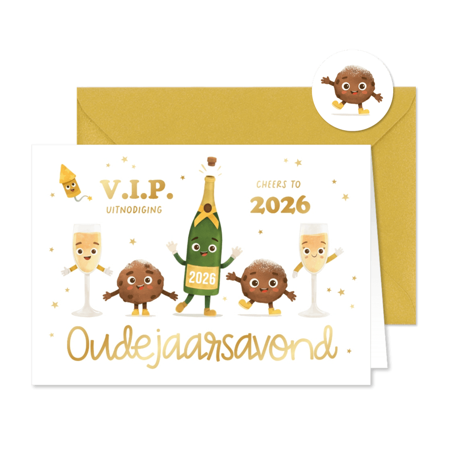 Vrolijke uitnodiging oudejaarsavond champagne oliebollen - Kaartimpressie