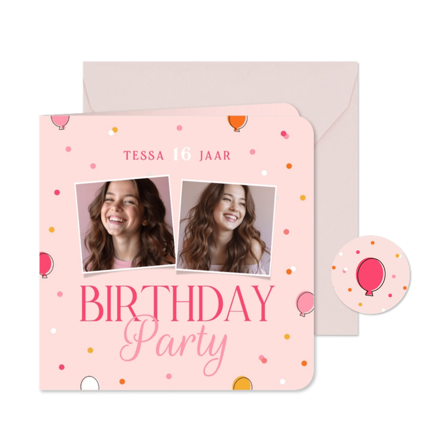 Vrolijke uitnodiging party roze ballonnen confetti en foto's - Kaartimpressie
