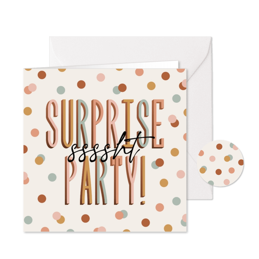 Vrolijke uitnodiging surpriseparty sssht met confetti - Kaartimpressie