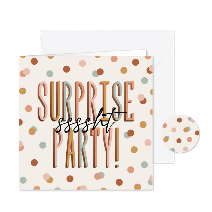 Vrolijke uitnodiging surpriseparty sssht met confetti - Kaartimpressie