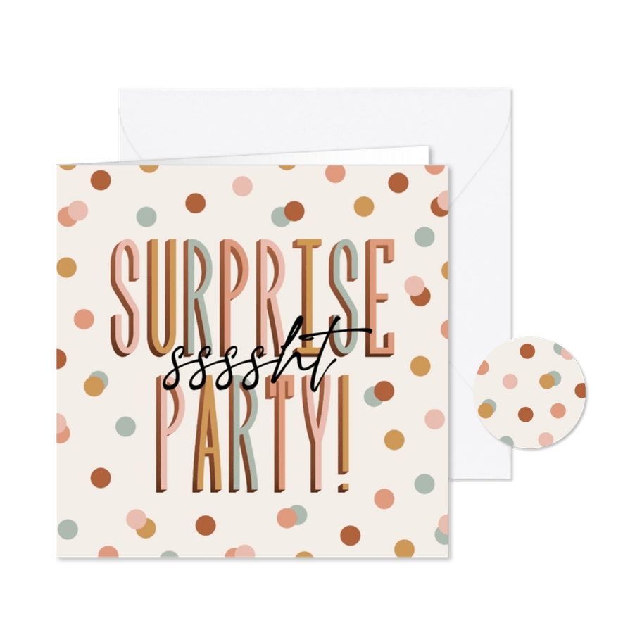 Vrolijke uitnodiging surpriseparty sssht met confetti - Kaartimpressie