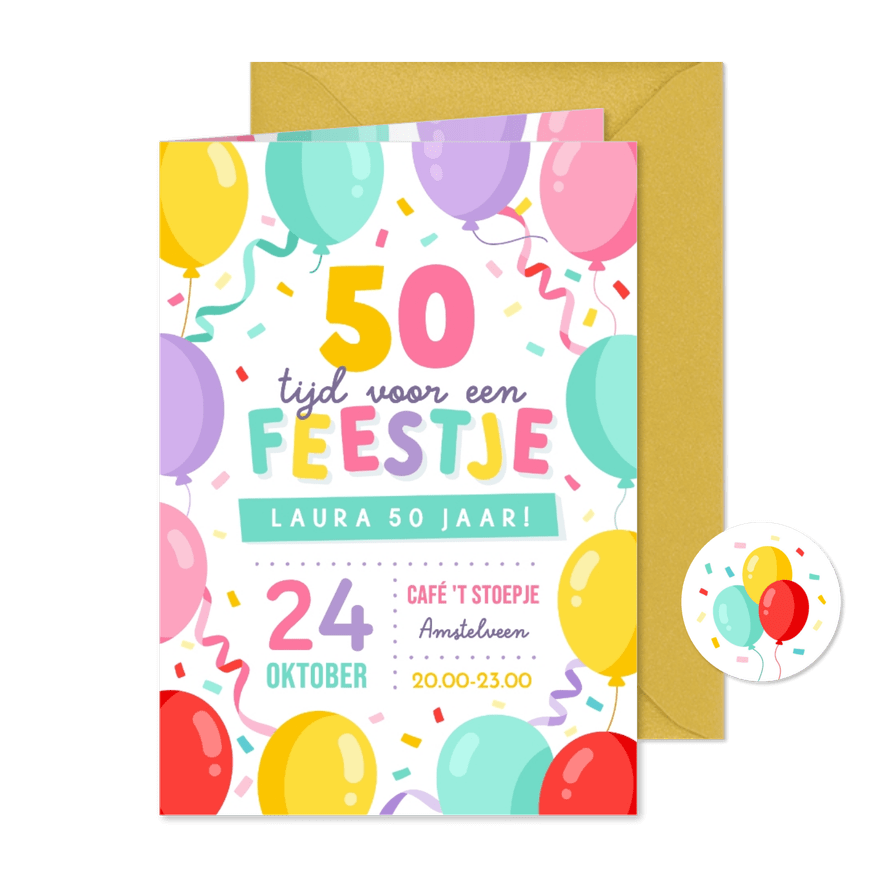 Vrolijke uitnodiging verjaardagsfeest 50 jaar met ballonnen  - Kaartimpressie