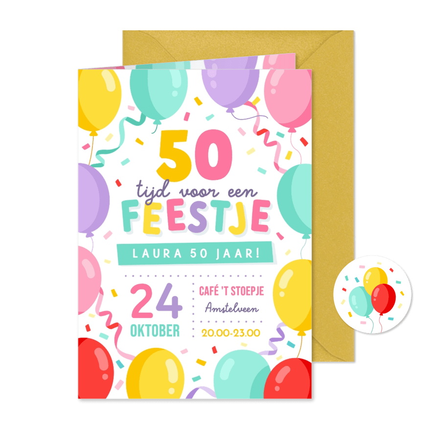 Vrolijke uitnodiging verjaardagsfeest 50 jaar met ballonnen  - Kaartimpressie