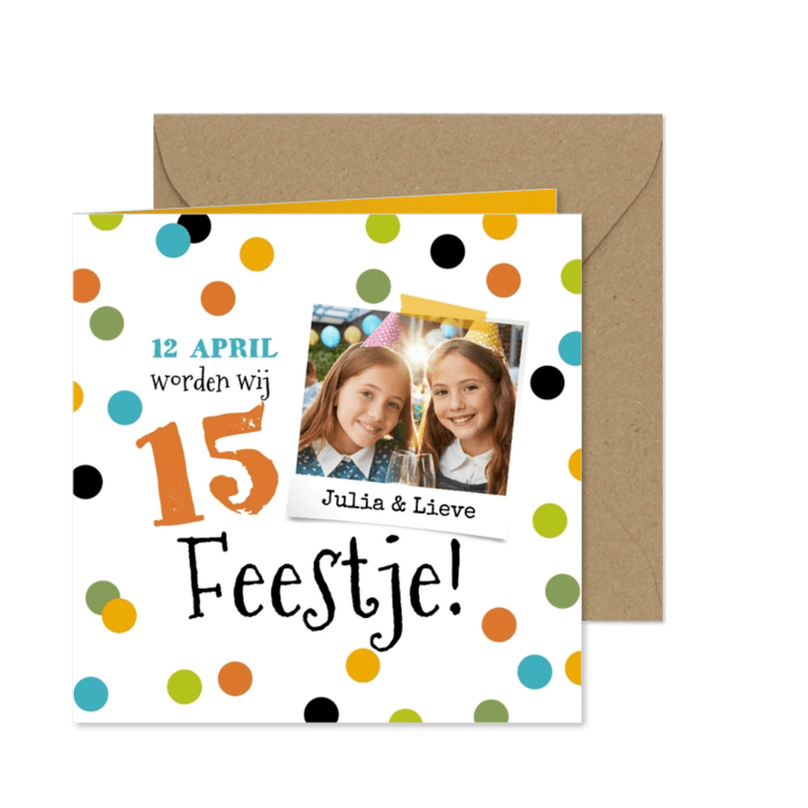 Vrolijke uitnodiging verjaardagsfeestje tweeling foto - Kaartimpressie