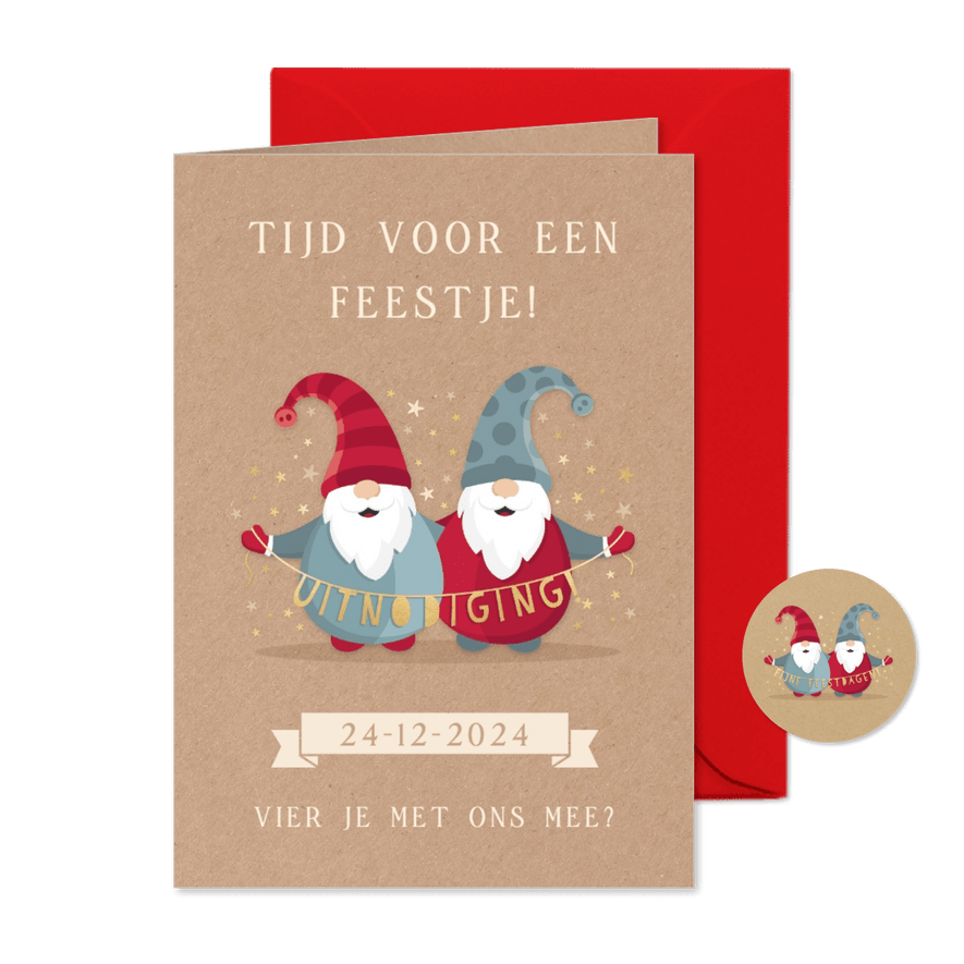 Vrolijke uitnodiging voor een kerstfeest met kerstkabouters  - Kaartimpressie