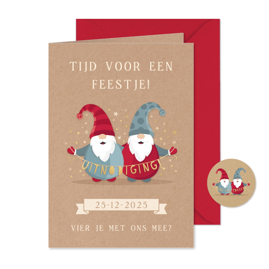 Vrolijke uitnodiging voor een kerstfeest met kerstkabouters - Kaartimpressie