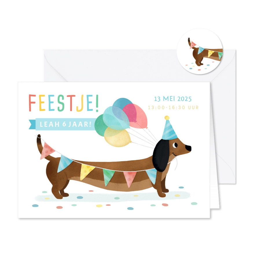 Vrolijke uitnodiging voor een kinderfeestje met teckel  - Kaartimpressie