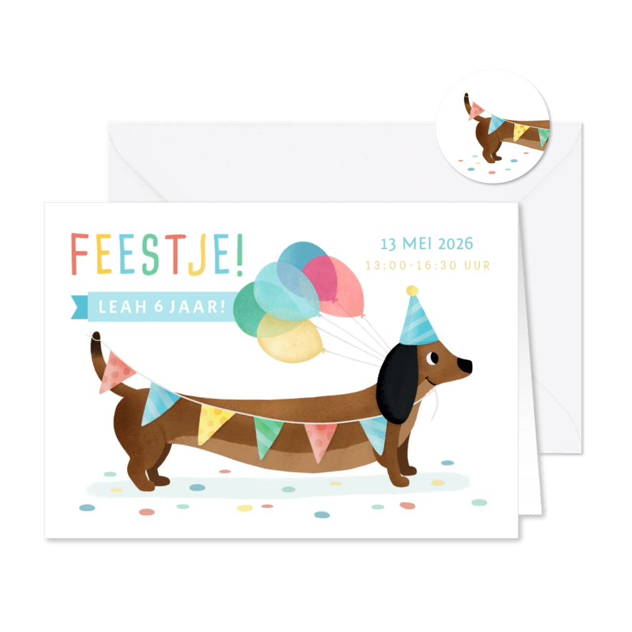 Vrolijke uitnodiging voor een kinderfeestje met teckel - Kaartimpressie
