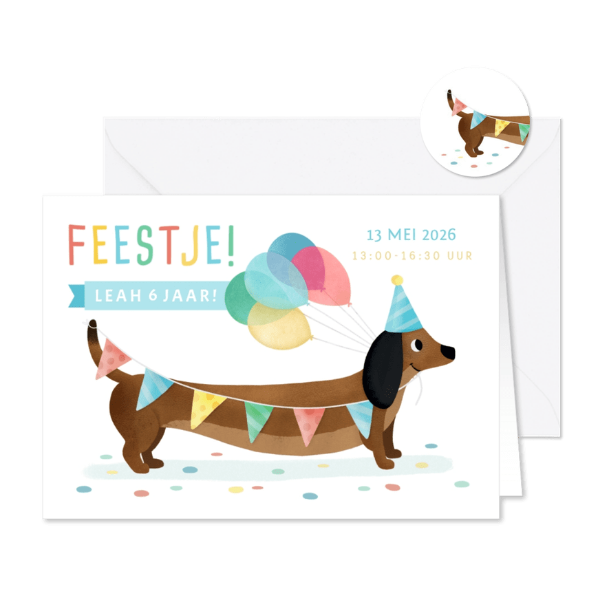 Vrolijke uitnodiging voor een kinderfeestje met teckel  - Kaartimpressie