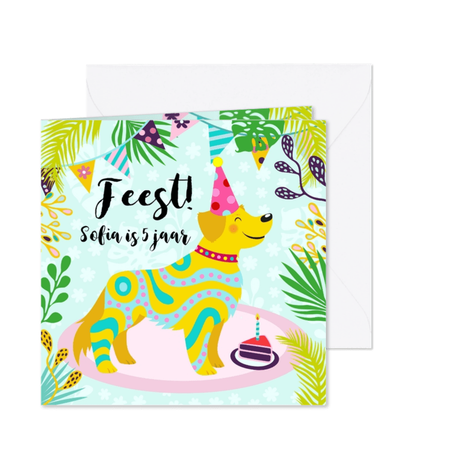 Vrolijke uitnodiging voor kinderfeestje met een hond en foto - Kaartimpressie
