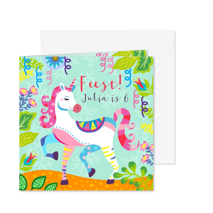 Vrolijke uitnodiging voor kinderfeestje met unicorn en foto - Kaartimpressie