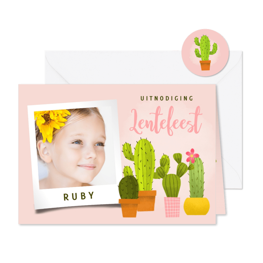 Vrolijke uitnodiging voor lentefeest met cactussen en foto's - Kaartimpressie