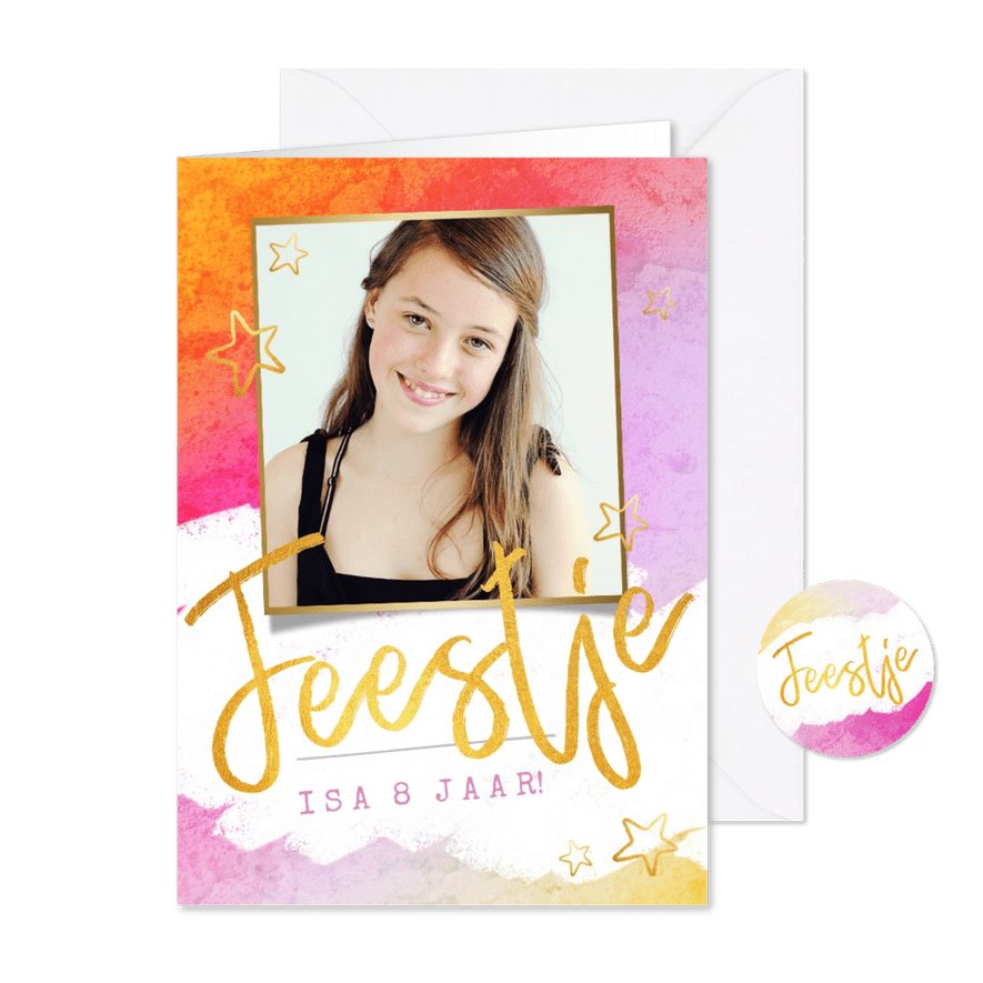 Vrolijke uitnodiging waterverf en goud kinderfeestje - Kaartimpressie