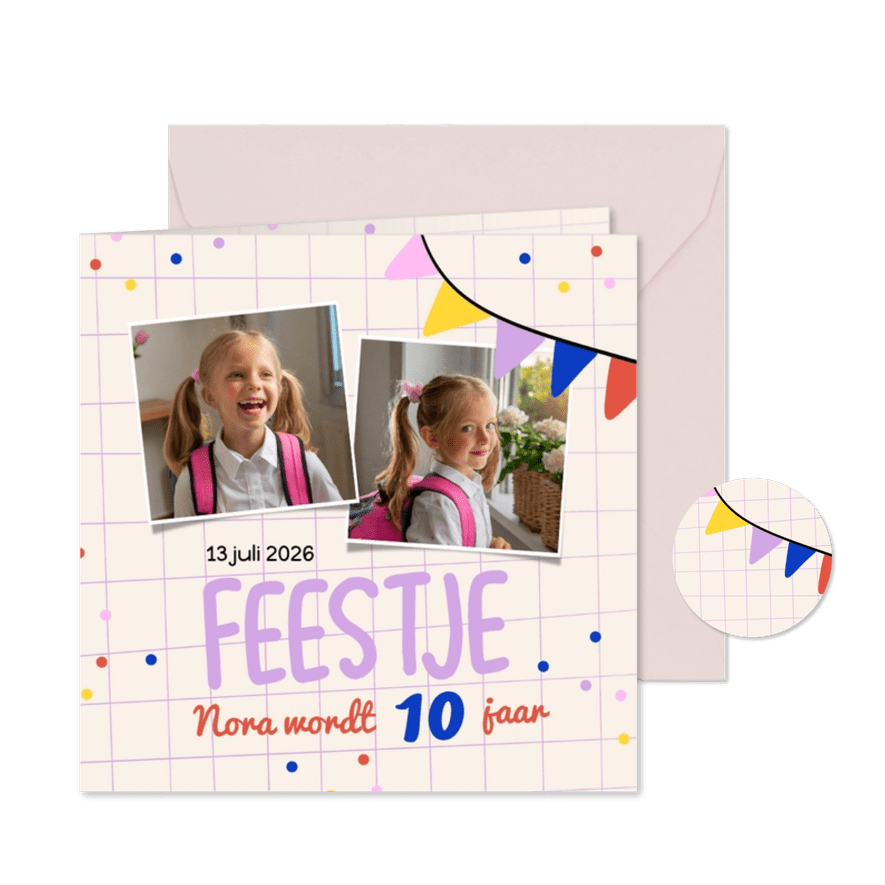 Vrolijke uitnodigingen kinderfeestje met vlaggetjes en foto - Kaartimpressie
