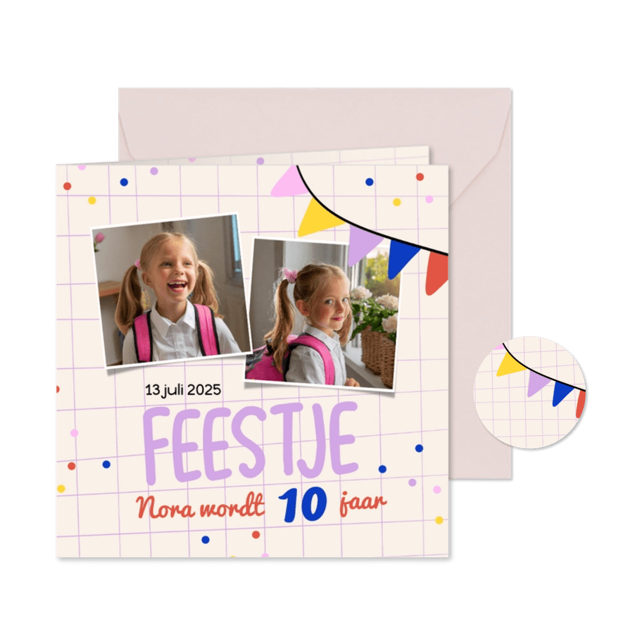 Vrolijke uitnodigingen kinderfeestje met vlaggetjes en foto - Kaartimpressie