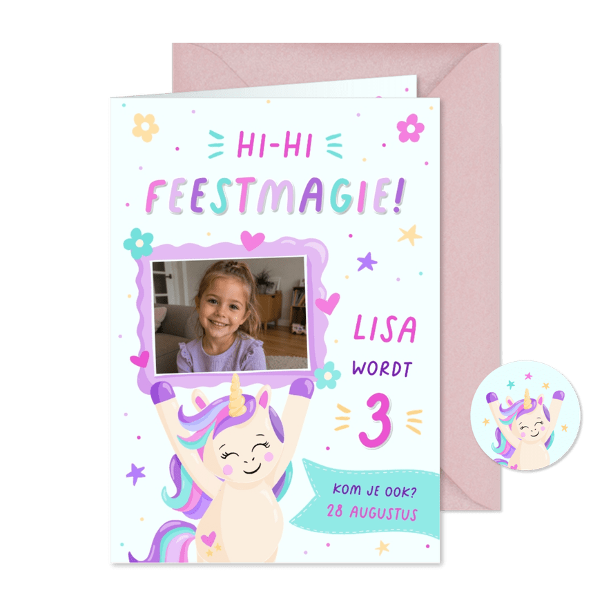 Vrolijke unicorn uitnodiging voor een verjaardag - Kaartimpressie