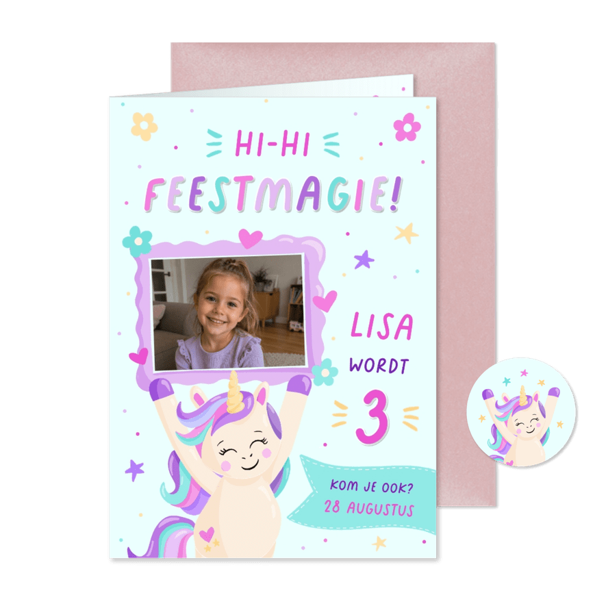 Vrolijke unicorn uitnodiging voor een verjaardag - Kaartimpressie