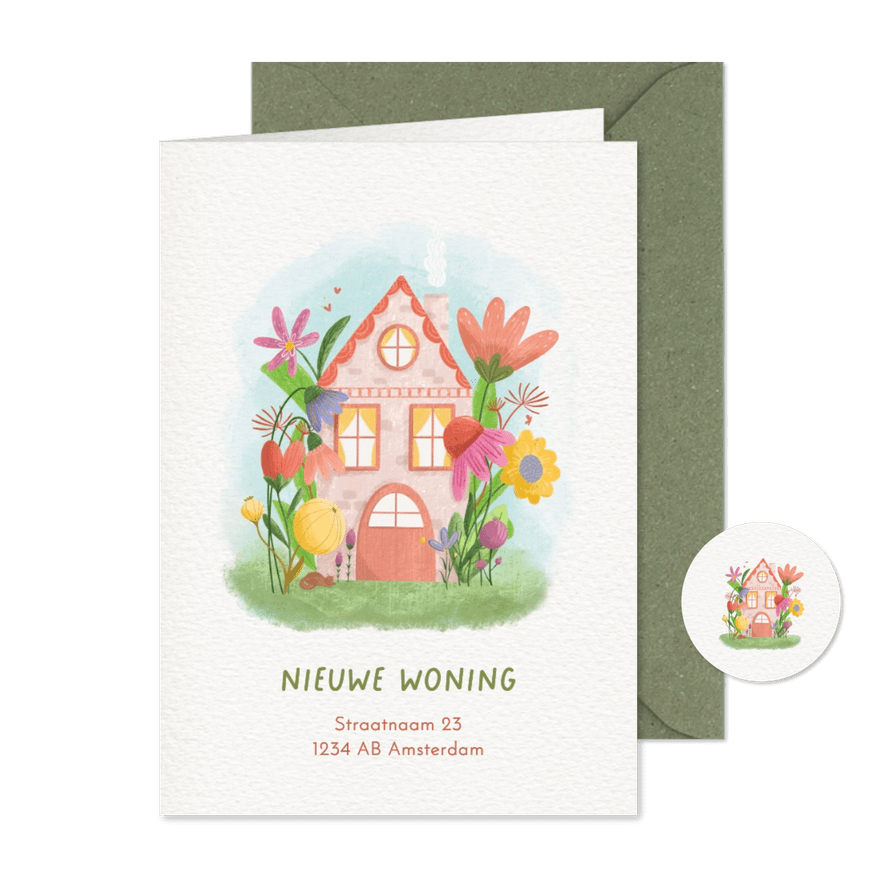 Vrolijke verhuiskaart met huis en kleurrijke bloem - Kaartimpressie