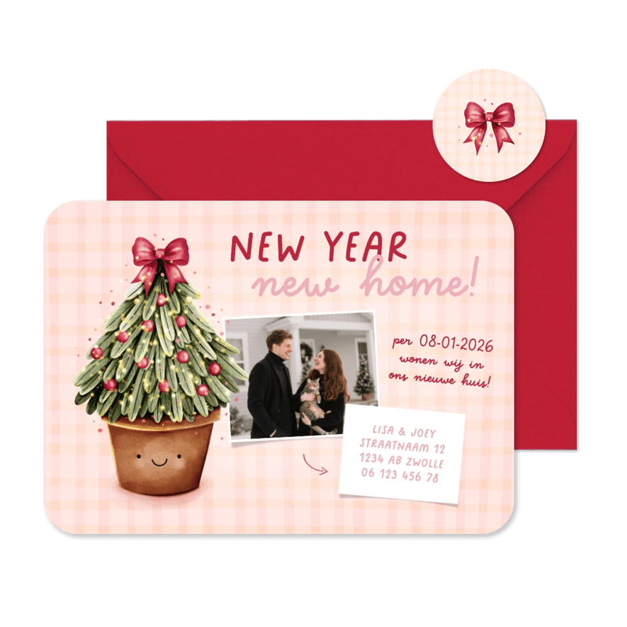 Vrolijke verhuiskaart met kerstboom en foto - Kaartimpressie