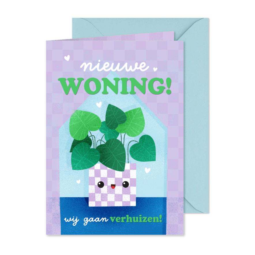 Vrolijke verhuiskaart met plantje hartjes huis nieuwe woning - Kaartimpressie