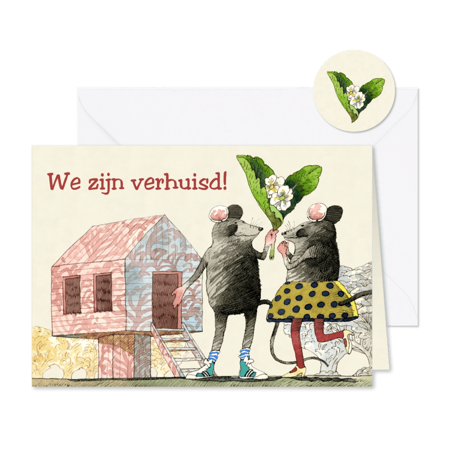 Vrolijke verhuiskaart van muizen met bloemen bij een huis - Kaartimpressie