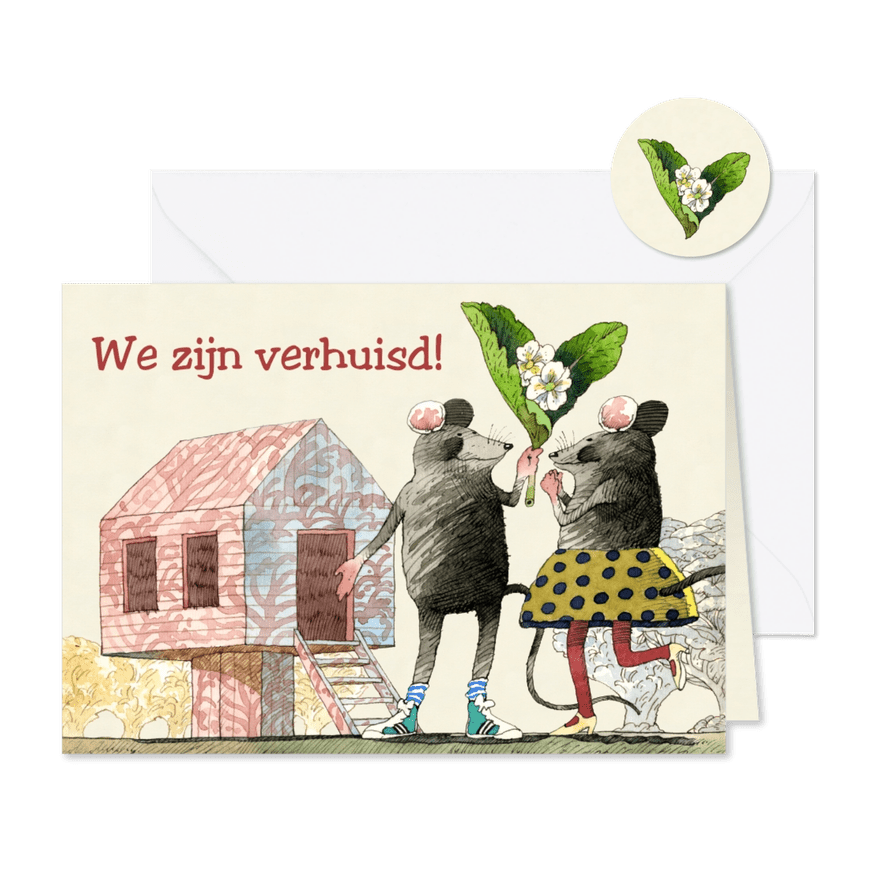 Vrolijke verhuiskaart van muizen met bloemen bij een huis - Kaartimpressie