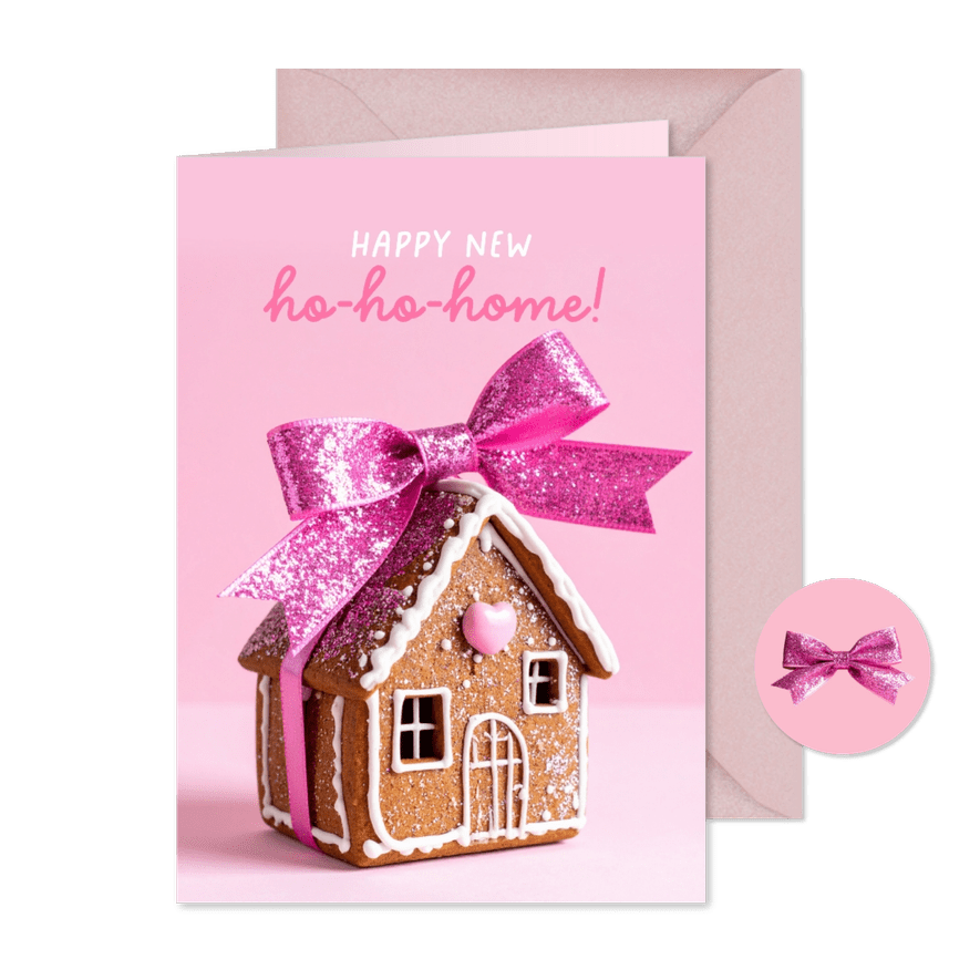 Vrolijke verhuiskerstkaart met gemberkoekhuisje en strik - Kaartimpressie