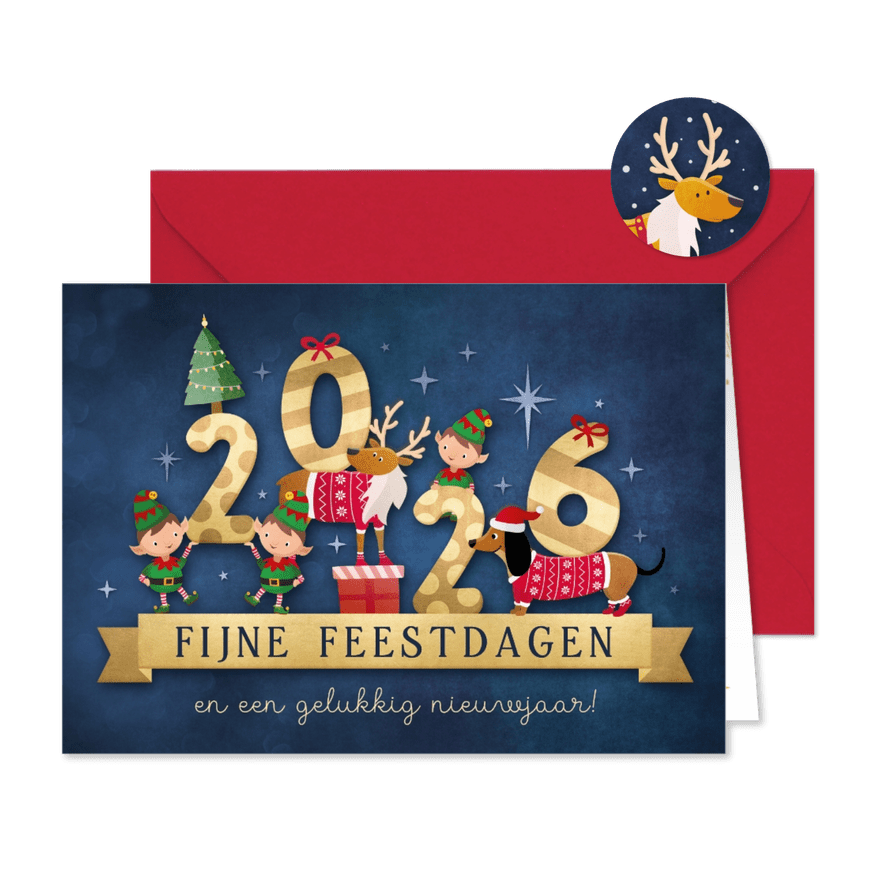 Vrolijke zakelijke kerstkaart met dieren en jaartal 2026 - Kaartimpressie