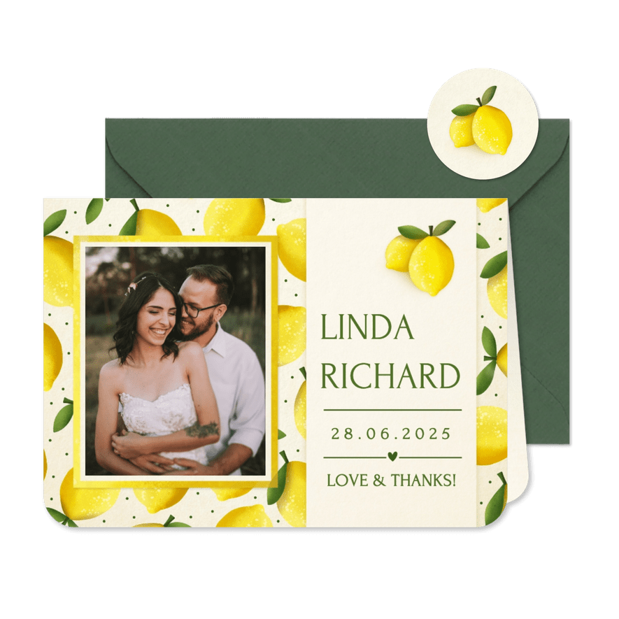 Vrolijke zomerse bedankkaart met citroenen - trouwen  - Kaartimpressie