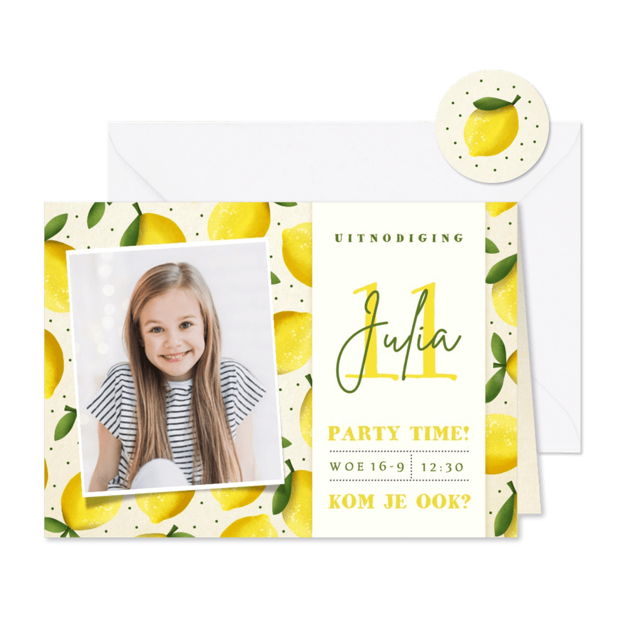 Vrolijke zomerse kinderfeestje uitnodiging met citroentjes - Kaartimpressie