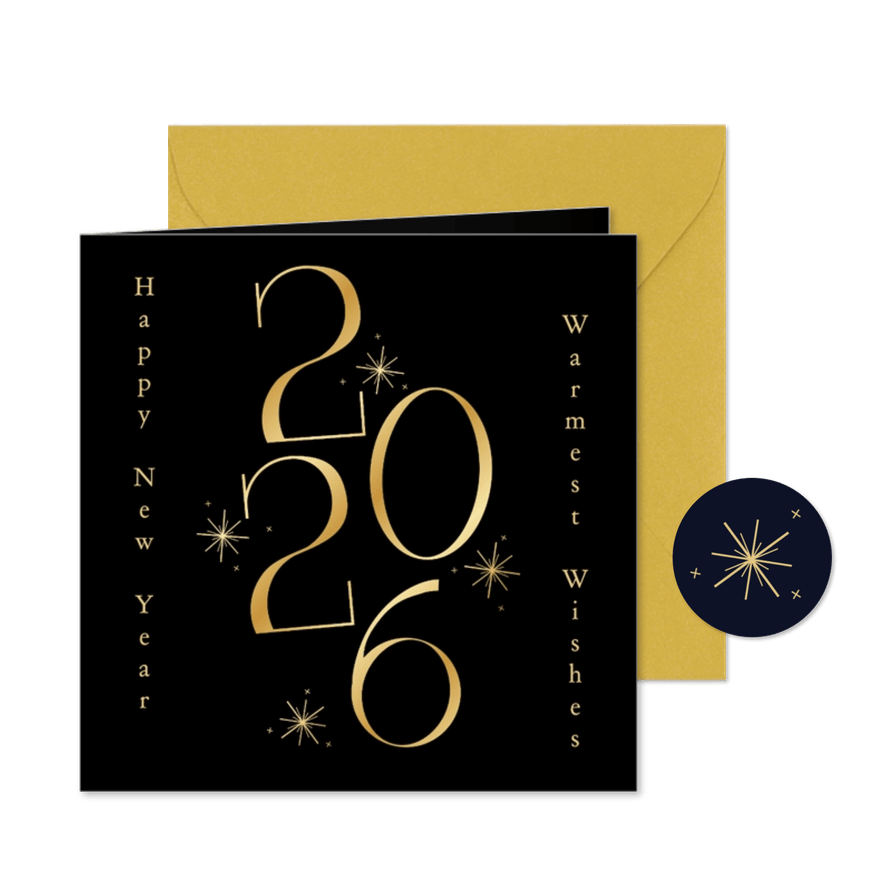 Vrolijke zwarte nieuwjaarskaart met gouden 2026 en sterren - Kaartimpressie