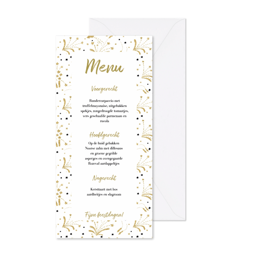 Vuurwerk goud kerst menukaart langwerpig - Kaartimpressie